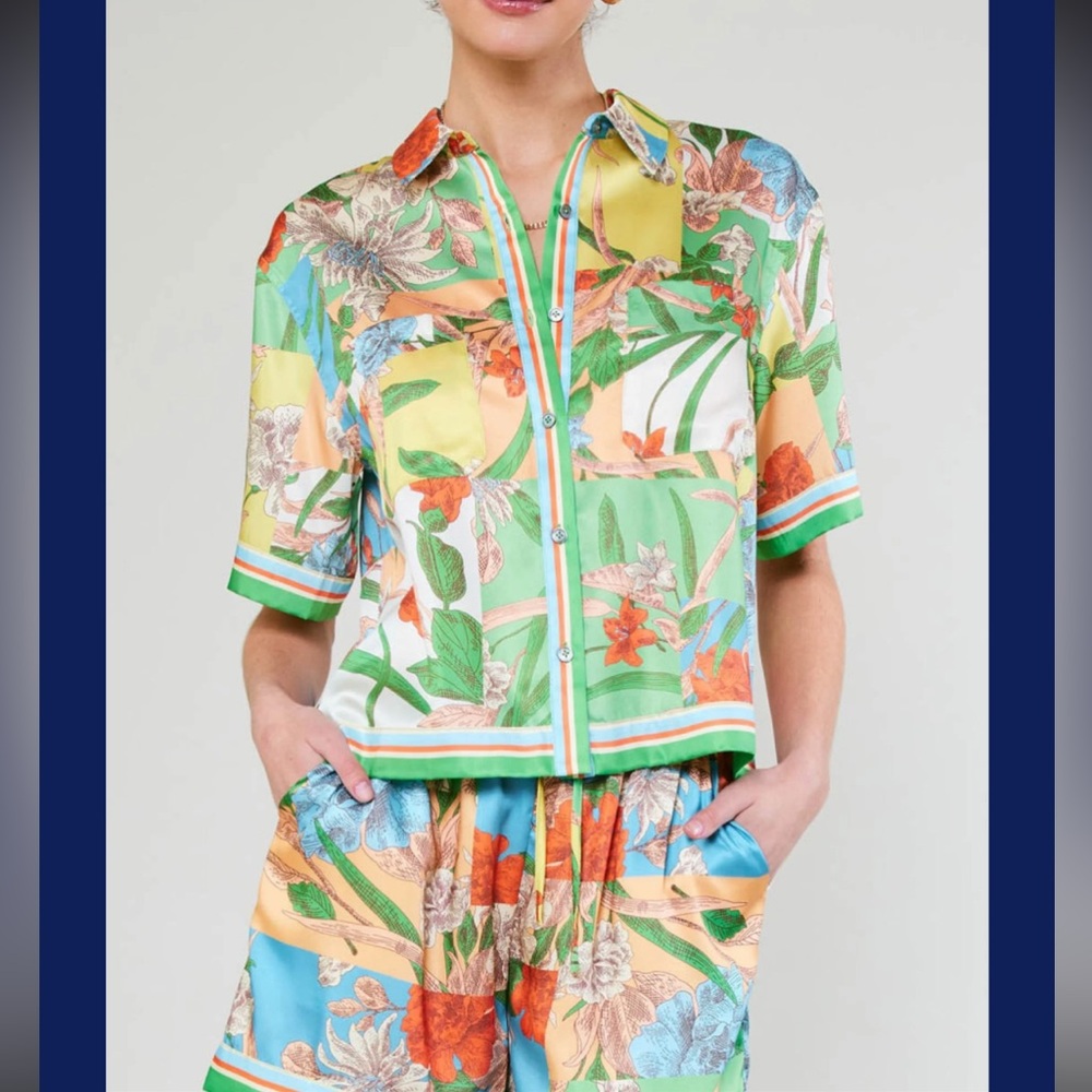 Current Air Border Print Floral Button-Up Shirt and Shorts Set